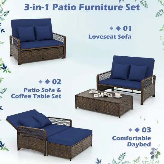 Patio Loveseat and Ottoman Set with 4-level Adjustable Backrest and Storage Area Navy {5}