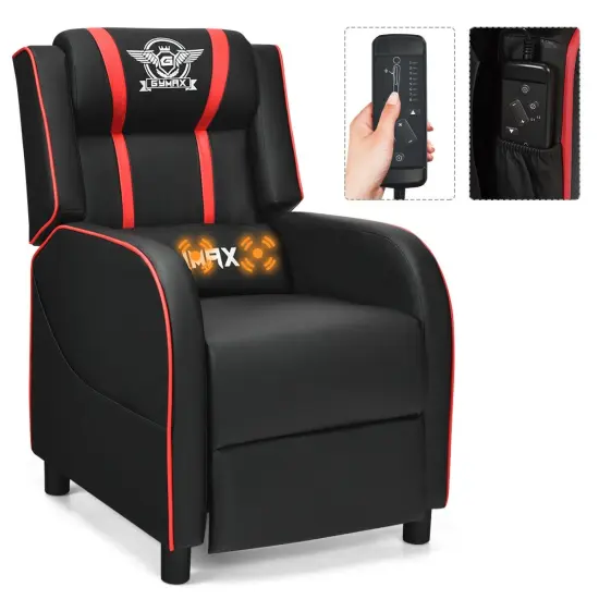 Massage Racing Gaming Single Recliner Chair with Adjustable Backrest and Footrest Red {6}