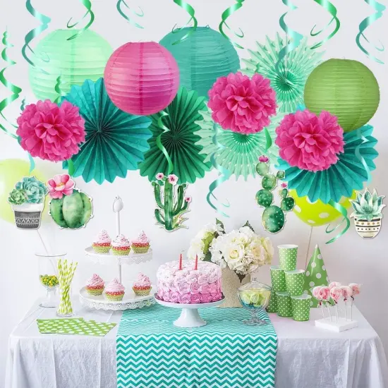 Summer Party Decoration Hanging Cactus Swirls Paper Lanterns Paper Fans kit for Hawaiian Luau Party Tropical Party Baby Shower Birthday Party Supplies {2}