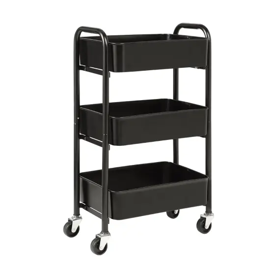 3-Tier Rolling Metal Storage Cart – Kitchen & Under Desk Organizer with Casters Black {1}