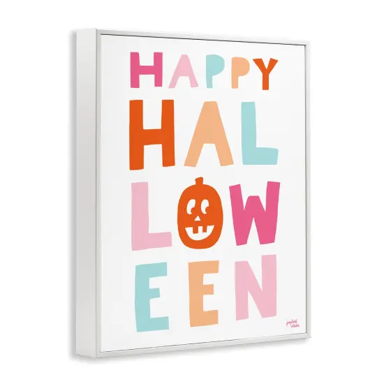 Pastel Happy Halloween Text Whimsical Pumpkin MotifFramed Giclee Art Gray {9}