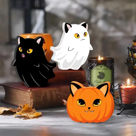 Halloween Cat Ghost Wooden Signs Pumpkin Decor - 3PCS {4}
