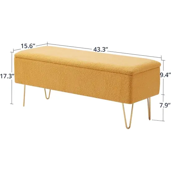 Fabric End of Bed Storage Bench with Gold Hairpin Legs and Cushioned Seat Yellow {5}