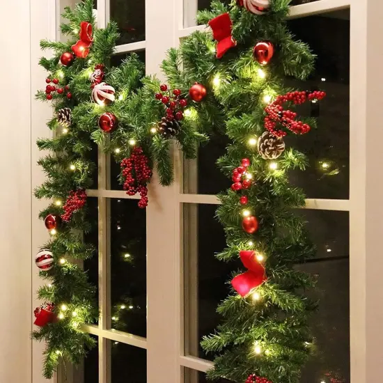 9 FT LED Christmas Garland with Pinecones Red Berries Bows Christmas Balls {1}