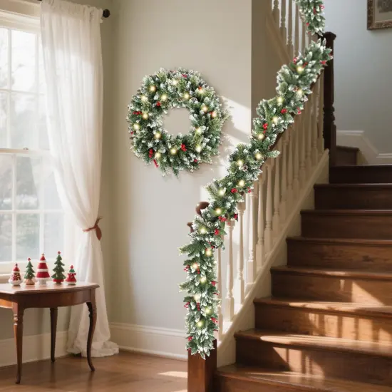 9ft Christmas Garland with Lights,Lighted Artificial Flowering Pine Garland {3}