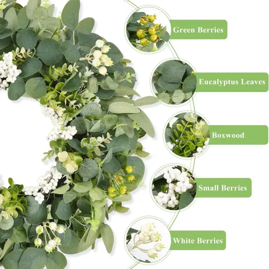 20 Inch Eucalyptus Wreath for Front Door, Spring Green Leaf Door Wreaths Farmhouse with Boxwood Willow Leaves Berries for All Seasons Window Wall Wedding Indoor Outdoor Decor {1}