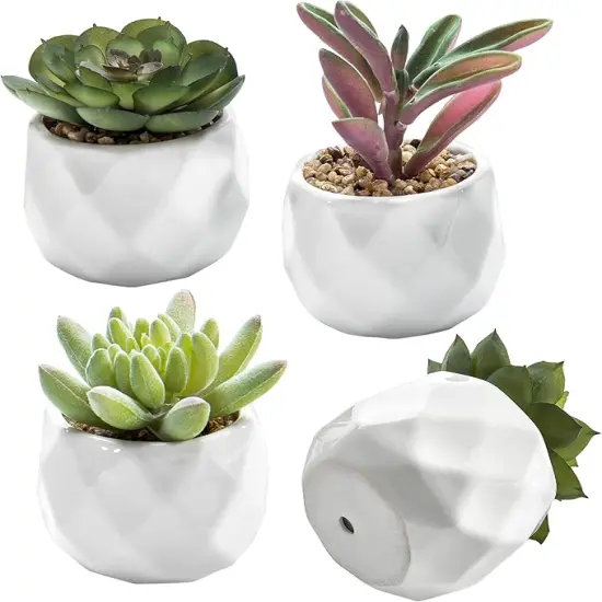 Miniature Artificial Succulents, Indoor Fake House Plants in Round White Geometric Ceramic Pots, Set of 4 {2}