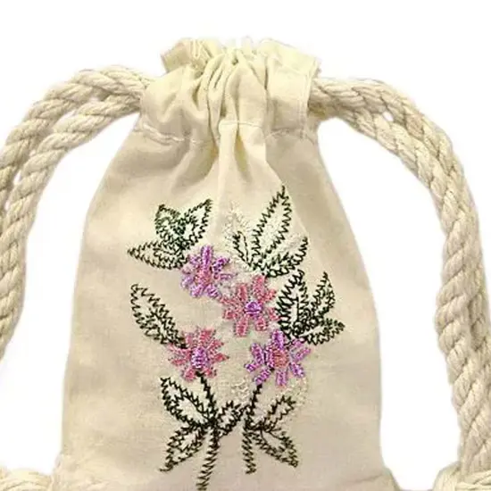 Compact Botanical Embroidered Cotton Muslin Pouch 3" x 5" {3}