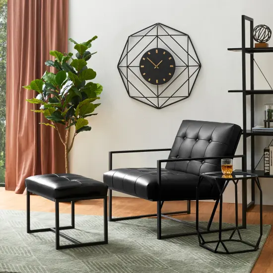 Set of 2 Modern Hunter Thick Leatherette Accent Chair & Accent Stool Black {2}