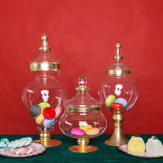 3 pcs 11" 16" 18" tall Clear Glass Gold Trim Apothecary Jars Candy Buffet {5}