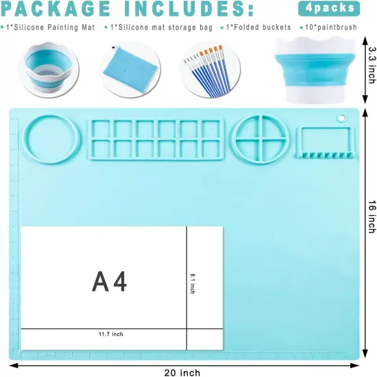 Silicone Craft Mat 20X16 Inch Large Silicone Art mat with Detachable Cup Painting Mat with 10 Painting Brushes Silicone Drawing Mat Sheets for Kids Adult DIY Accessories (Blue) {3}