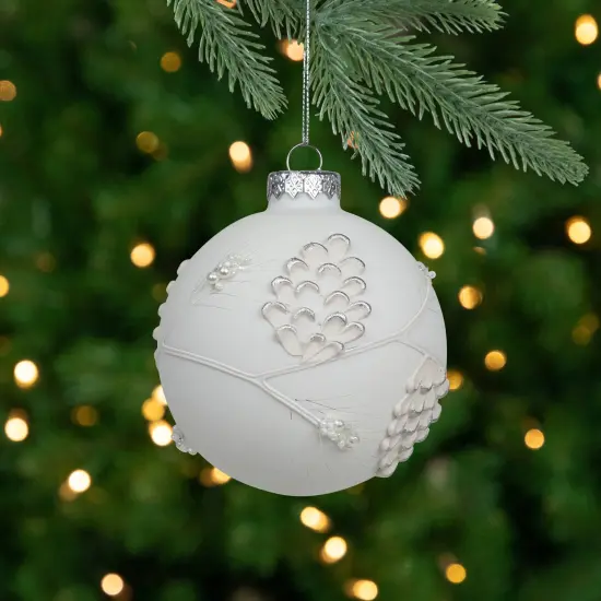 Northlight White and Silver Leaves Glass Ball Christmas Ornament - 3.5" {1}