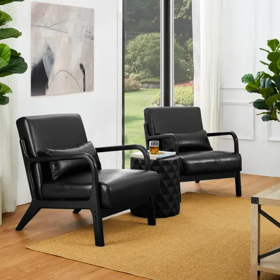 Set of 2 30.75"H Mid-Century Modern PU Leather Armchair Accent Chairs with Pillow Black {2}