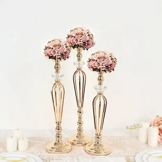 3 Gold Metal Crystals Pillar CANDLE HOLDERS Flower Ball Pedestal Stands Party {4}
