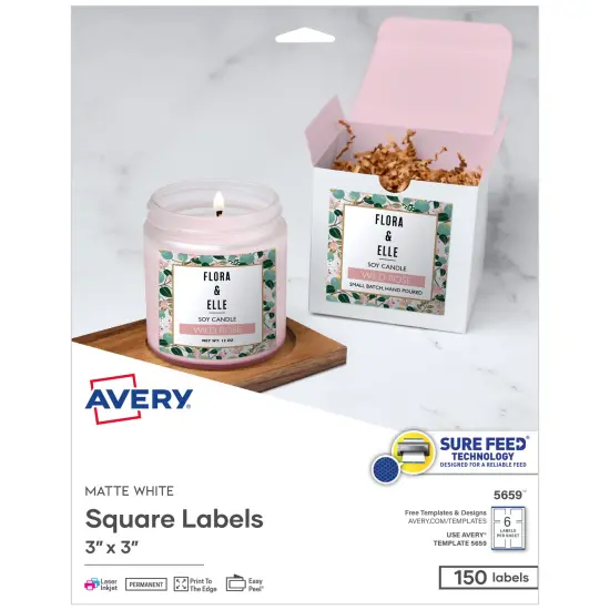 Avery Printable Square Labels with Sure Feed, 3" x 3", Matte White, Permanent Adhesive, Laser & Inkjet Printers, 150 Blank Labels (5659) {1}