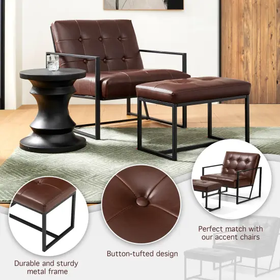 Set of 2 Modern Hunter Thick Leatherette Accent Chair & Accent Stool Brown {4}
