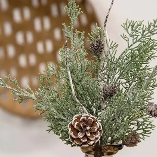 14" Long Durham Cedar Birch Pine-cone Spray with Snowy White Finish {3}