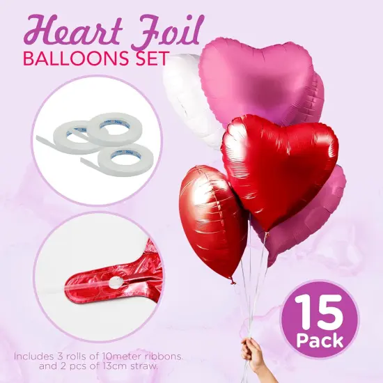 4E's Novelty 15 Pack 18 Inch Heart Foil Balloons - White, Red and Pink Balloons {3}