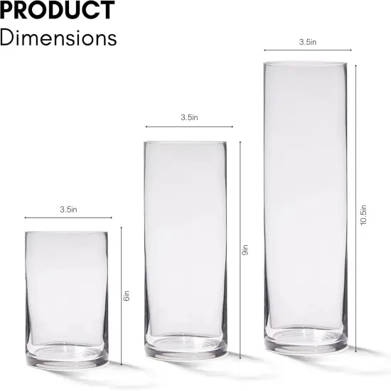 4E's Novelty Set of 3 Glass Cylinder Vases for Centerpieces, 6, 9, 10.5 Inch Tall, 3.5" Wide - Clear Glass Vase for Candles, Flower Vases for Centerpieces {2}