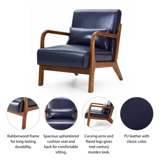 Set of 2 30.75"H Mid-Century Modern PU Leather Armchair Accent Chairs with Pillow Blue {4}