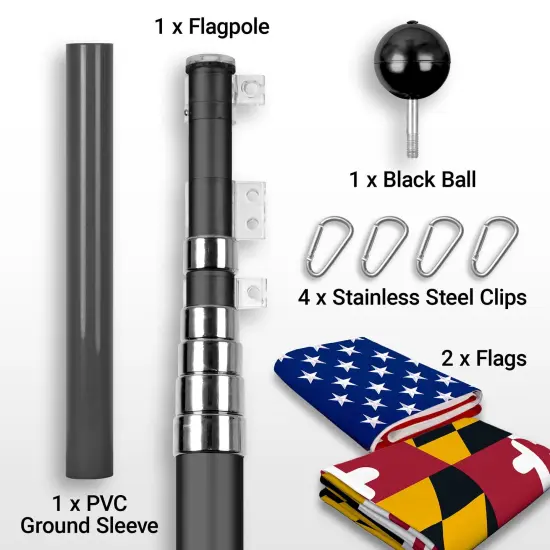 G128 Combo Pack: 20 Ft Telescoping Aluminum Flagpole (Black) & American and Maryland Flags 3x5 Ft, Both ToughWeave Series Embroidered Polyester | Pole with Flags Included {2}