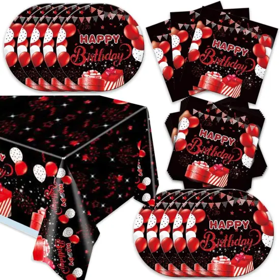 41pcs Black and red Party Supplies ,include 20 Plates, 20 Napkin and 1pcs Tablecloth,Used for Black and red Birthday Party Decoration (AAA) {1}