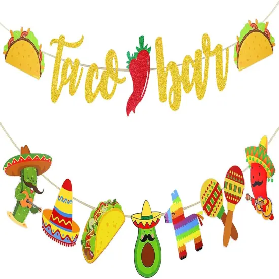 Fiesta Taco Bar Banner Garland 2 set Mexican Fiesta Party Banner with Cactus Donkey Maraca Sombrero Taco Pepper for Mexican Cinco de Mayo Fiesta Theme Party Decorations {1}