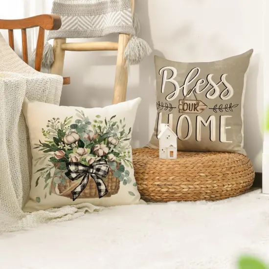 Bless Our Home Farmhouse Eucalyptus Leaves Throw Pillow Covers, 18 x 18 Inch Truck Home Sweet Home Cushion Case Decorations Set of 4 {4}