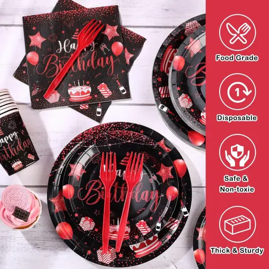 120 Pcs Happy Birthday Party Supplies Disposable Party Tableware Serves 24 Included 7 Inch 9 Inch Plates Napkins Cups Forks for Men Woman 50th Birthday Party Decorations (Black and Red) {4}