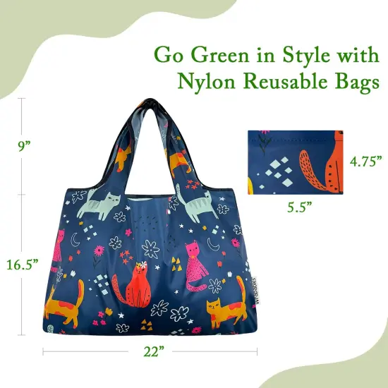 Wrapables Large Foldable Tote Nylon Reusable Grocery Bags, Cute Kitties on Blue {2}