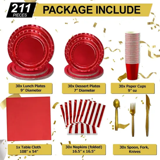 211pcs Shiny Red Plates and Napkins Party Supplies for 30 Guests - Shiny Red Party Plates, Cups, Cutleries, and Napkins Set with Tablecloth for Birthday, Anniversary, Holidays, and Valentines {2}