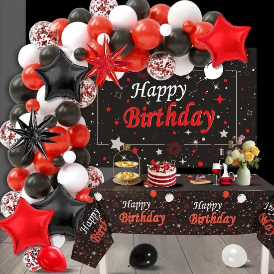 77PCS Red and Black Birthday Decorations for Women Men, Happy Birthday Banner Tablecloth Background Party Supplies, Confetti Star Red Black White Balloons Arch Kit Party Decorations {5}