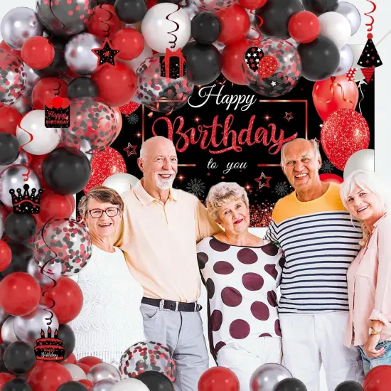 Red and Black Birthday Decorations - Arch Garland Kit with Happy Birthday Banner Backdrop, Hanging Swirls for Party Decor Supplies {5}