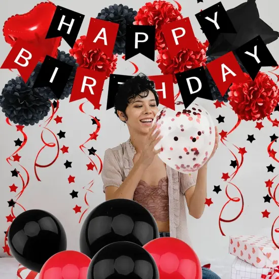 Birthday Decorations - Black & Red Party Decorations with Happy Birthday Banner, Pompoms, Balloons for Boys, Girls, Men & Women {4}