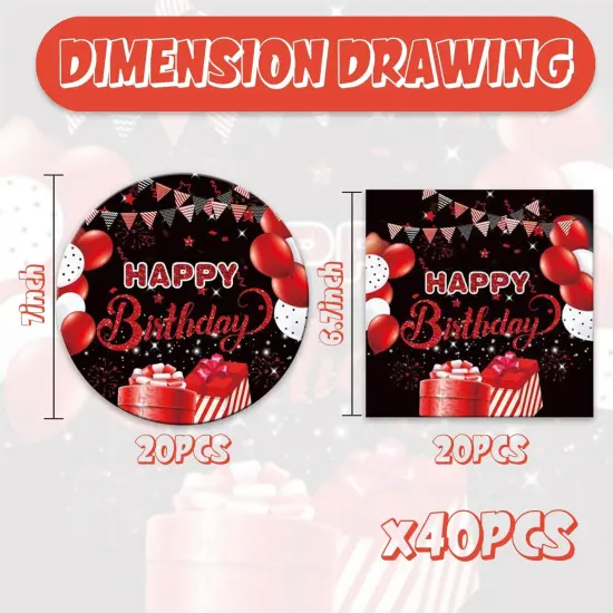 40pcs Red and black birthday Party Supplies,include 20 dessert plate, 20 Napkin,Used for Red and black birthday Party Decoration (Red Black) {2}