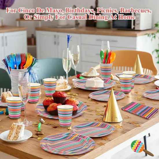 400 Pcs Mexican Party Supplies Mexico Stripes Disposable Paper Plates Napkins and Cups Mexican Tableware Decorations for Cinco De Mayo Dance Pinata Taco, Birthday Party {5}