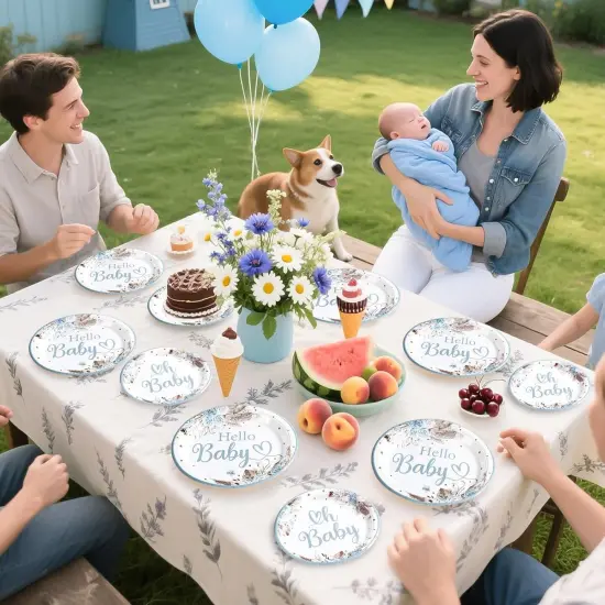 96 PCS Boho Dusty Blue Baby Shower Decorations & Tableware Set - Serves 24 {2}