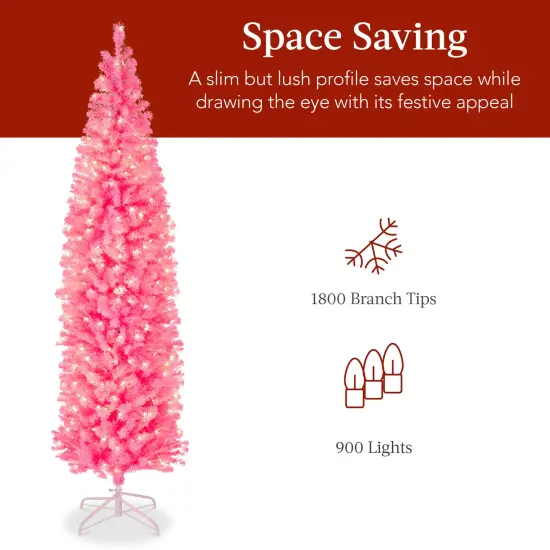 Best Choice Products Pre-Lit Pink Artificial Christmas Tree, Holiday Pencil Tree w/ Metal Stand {5}