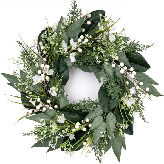 20" Spring Wreath with White Berries & Flowers &ndash; Elegant Greenery for Front Door, Home & Wedding D&eacute;cor {1}