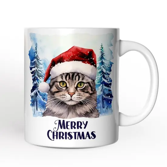 Tabby Cat with Santa Hat Mug, Winter Forest Christmas Gift {1}