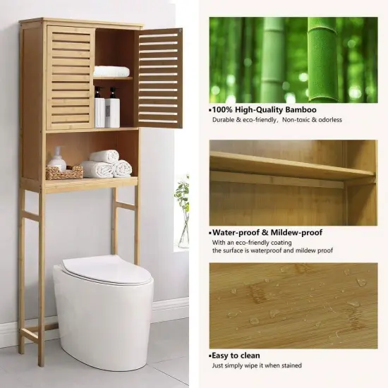 Over the Toilet Bathroom Storage Cabinet Shelf in Light Brown Yellow Wood Finish {4}