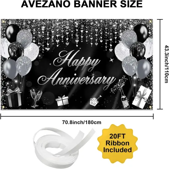 70.8 x 43.3 Inch (Black and Silver)Banner Glitter Happy Anniversary Decorations {3}