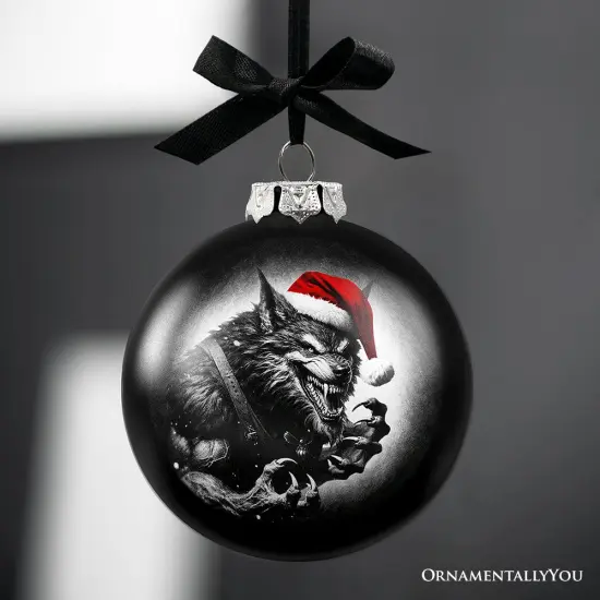 Werewolf Christmas Spooky Portrait Glass Ornament, Black Horror Halloween Tree Decoration {4}