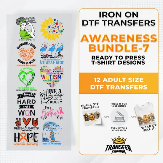 Iron on DTF Transfer Awareness Month Bundle 7 - 12 Best Seller T-shirt Designs Ready To Press {1}