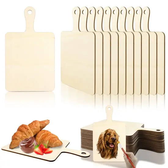 16 Pack Unfinished Wood Cutting Board Craft with Handle, Wooden Paddle Cheese Bread Board Set Chopping Board Serving Tray for Craft DIY Christmas Home Kitchen Cooking Decor (9.4" x 5.5") {1}
