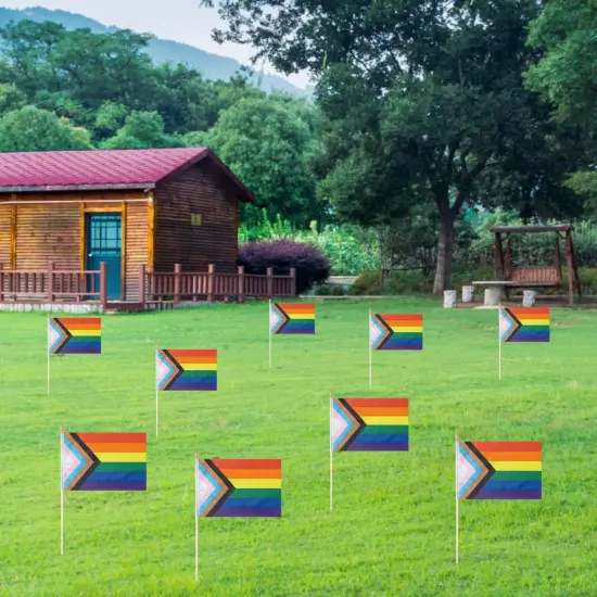 12 Pack Progress Pride Rainbow Flags Gay LGBT Small Mini Hand Held Stick Flag Festival Party Parades Decorations(5x8 Inch) {5}