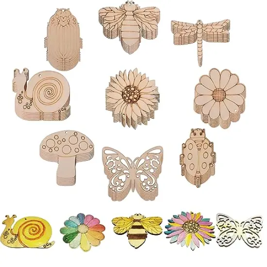 54PCS Unfinished Blank Wooden Cutouts Craft for Kids,Suit for Children's Painting DIY Room Decoration Gift Giving Surprise (54 Insect) {1}