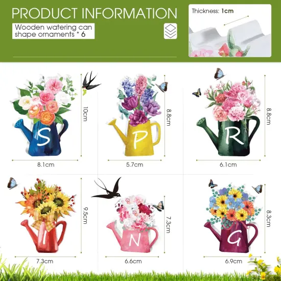 6 Pieces Spring Wood Block Signs Wooden Tabletop Spring Decor Flowers Decor Tiered Tray Decorations Watering Can Table Centerpiece Wall Pediments for Home Farmhouse Tabletop {6}