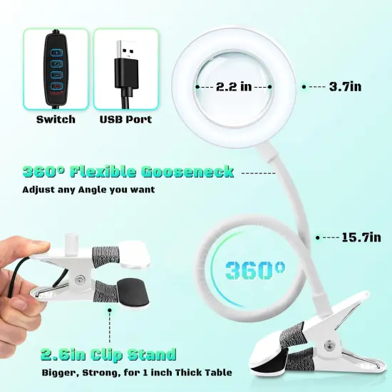10X Magnifying Glass with Light, Clip on Mganifier with Light, 48 LED Desk Magnifying Glass wtih Clamp, 3 Modes Dimmable Magnifying LED Lamps for Bed Work Crafts DIY Repair White {4}