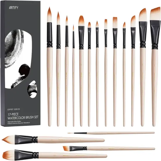 Watercolor Brush Set, 17 Pcs Professional Paint Brushes with Case for Beginners and Artists, Various Shapes, Optimized Hairs for Watercolor, Gouache, Ink, Tempera, and Fabric Painting {1}